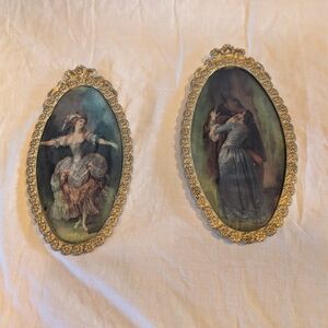 2/90Pairof Vintage Oval Brass Framed With ReproductionOf Oil Painting On Tissue